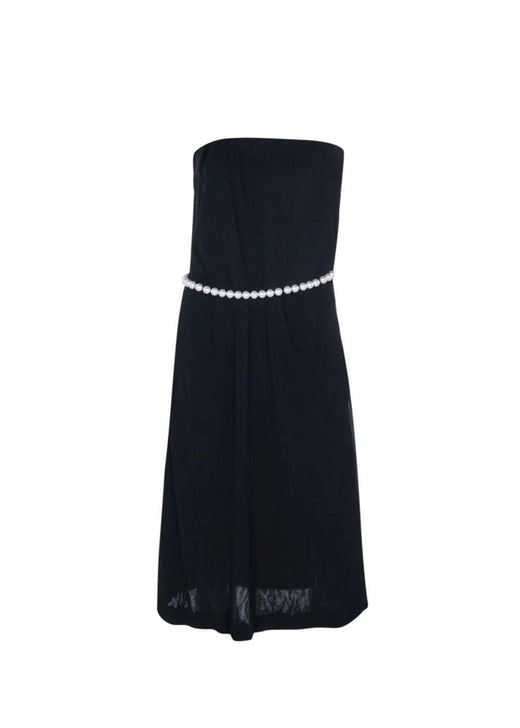 Black Strapless Faux Pearl Belt Detail Dress