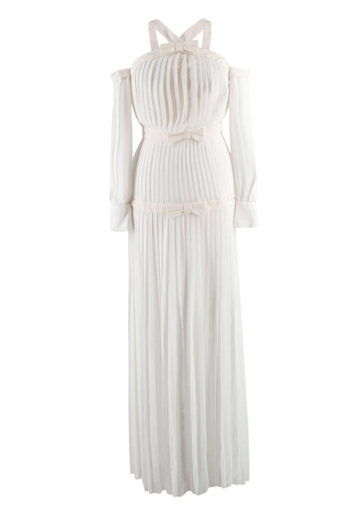 Alessandra Rich White Silk Plisse Dress With Bows