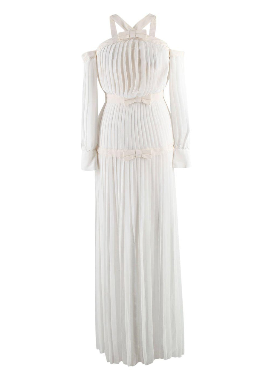 Alessandra Rich White Silk Plisse Dress With Bows