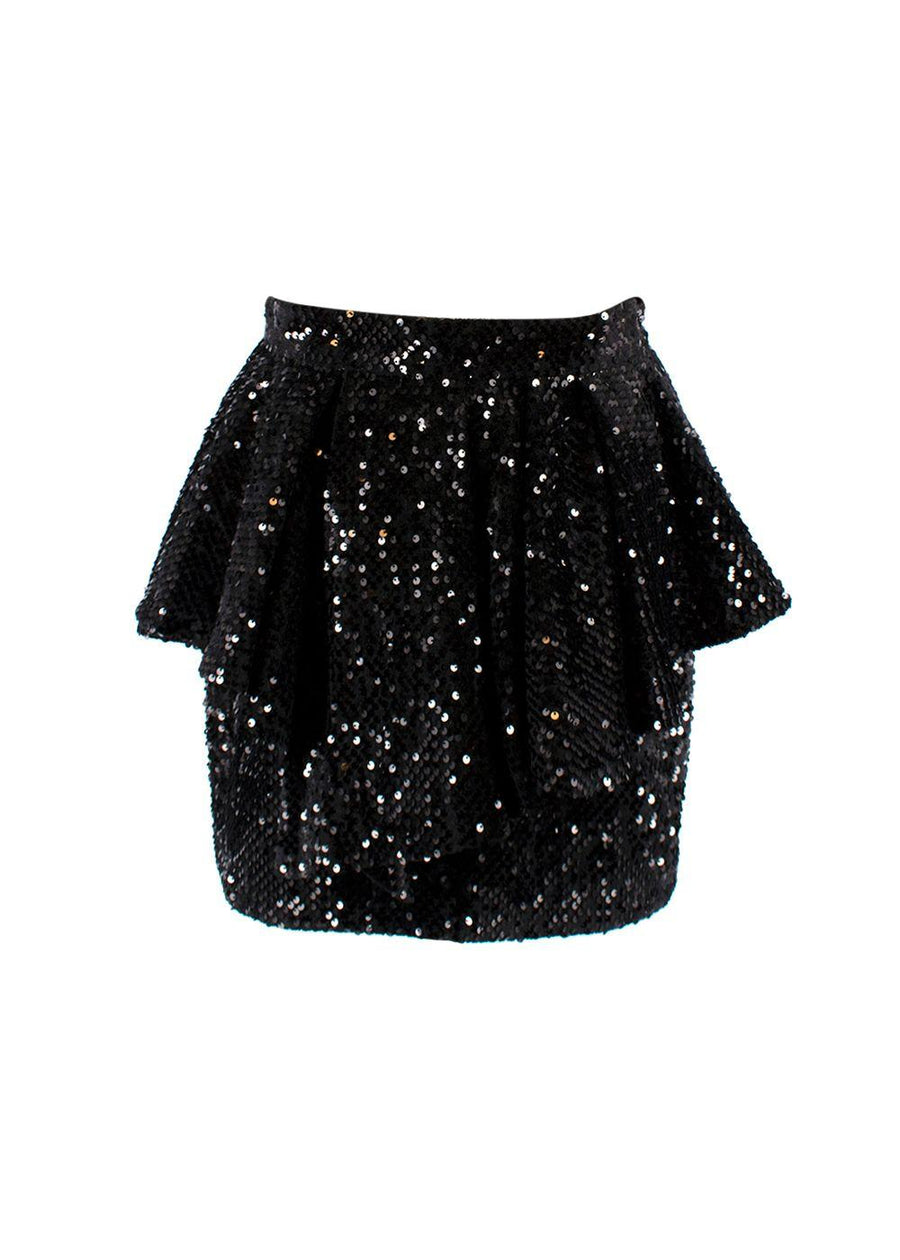Black Sequinned Peplum Mini Skirt