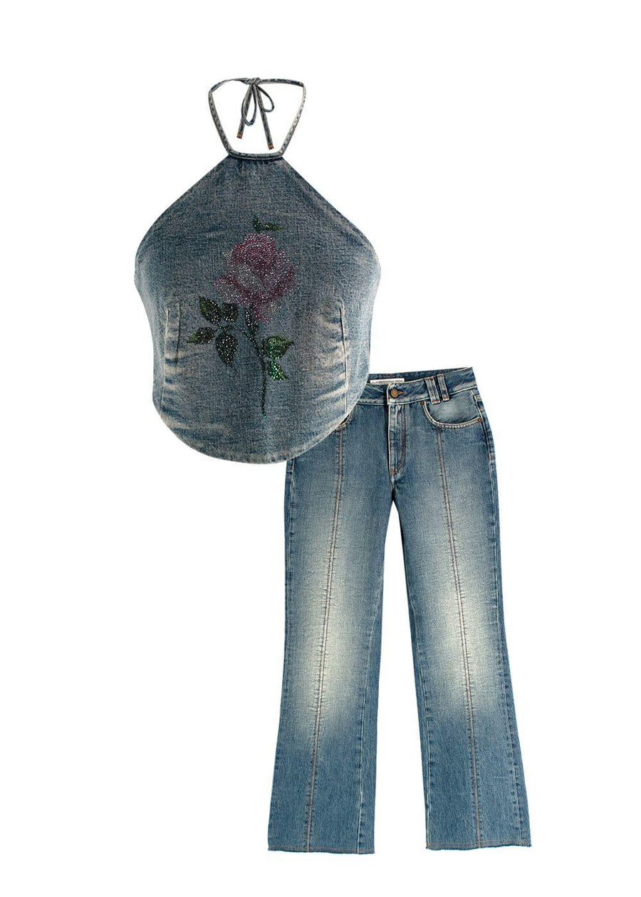 Alessandra Rich Embellished Rose Denim Halterneck Top & Jeans Set