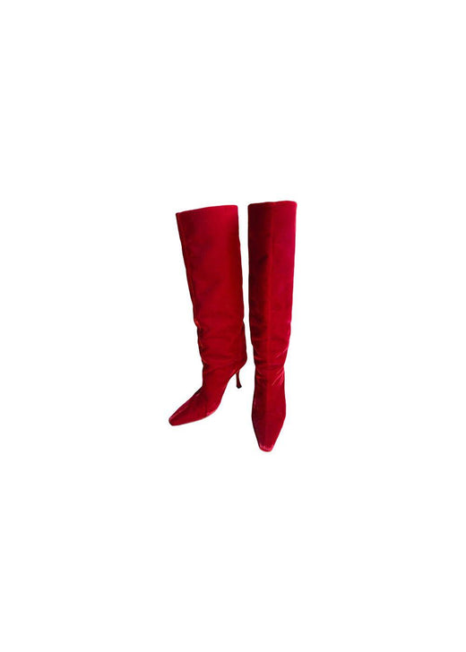 Red velvet long heeled boots