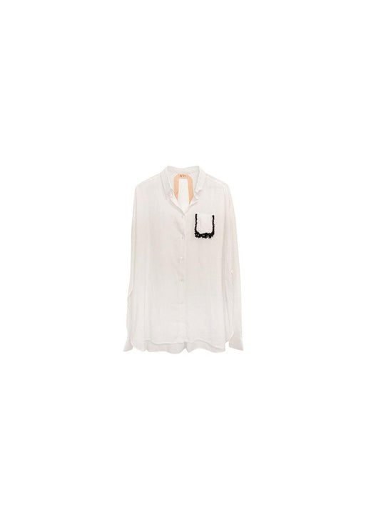 embellished pocket white silk blend summer shirt