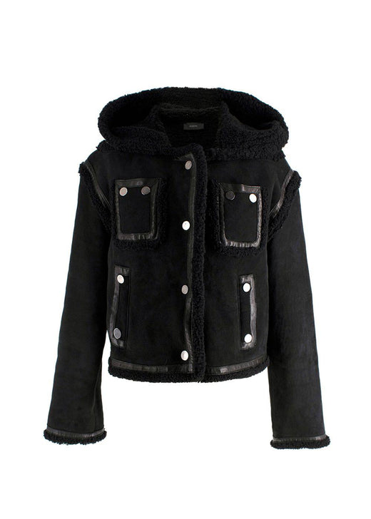 Joseph Black Shearling Hooded Biker Jacket