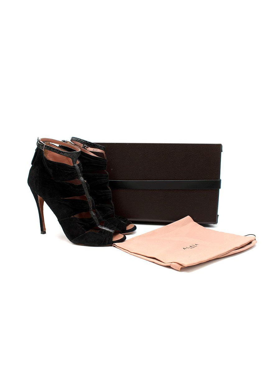 Black suede ruched heeled booties