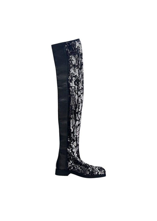 Black Leather Sequinned Over the Knee Boots