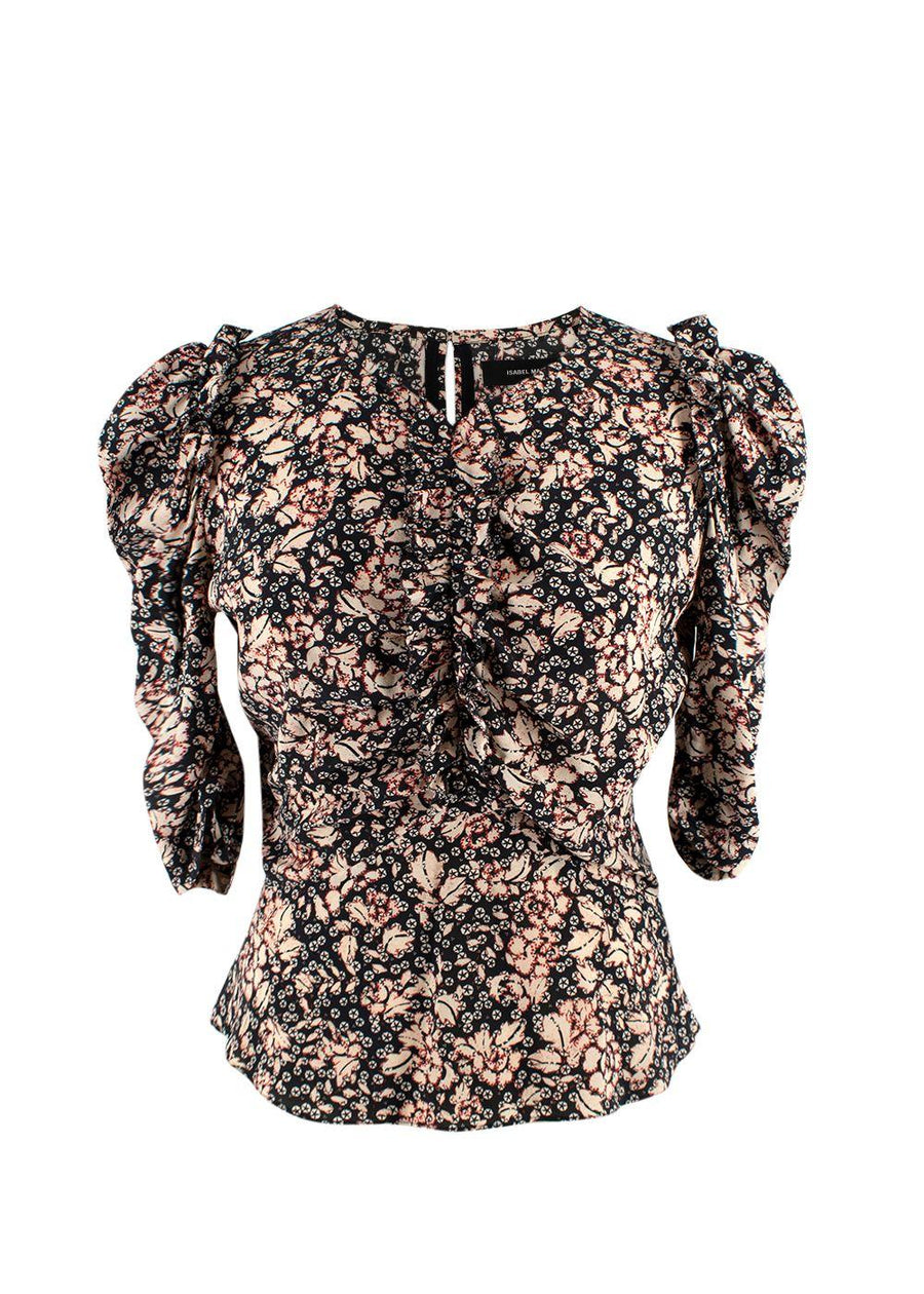 Isabel Marant Black Floral Puff Sleeve Silk Blouse