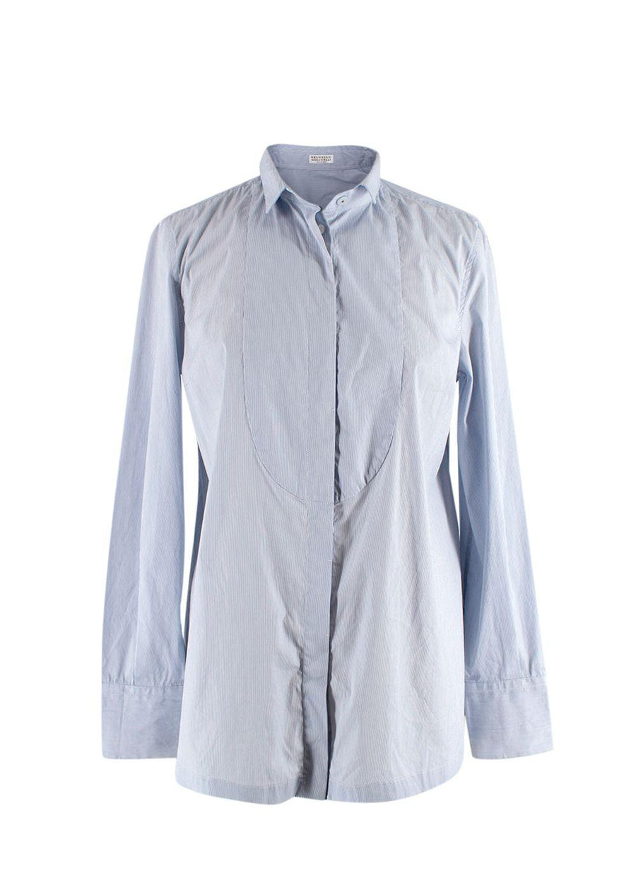 Brunello Cucinelli Blue Pin-Striped Cotton Shirt
