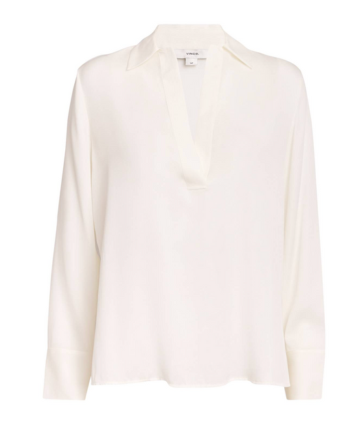 Vince Ivory Stretch-Silk Long-Sleeve Polo Shirt