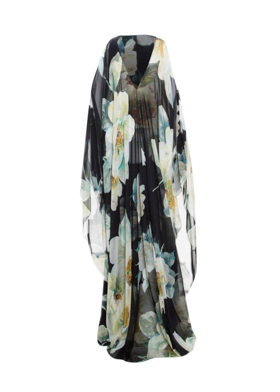 Lanvin Black Silk Printed Cold Shoulder Kaftan Gown