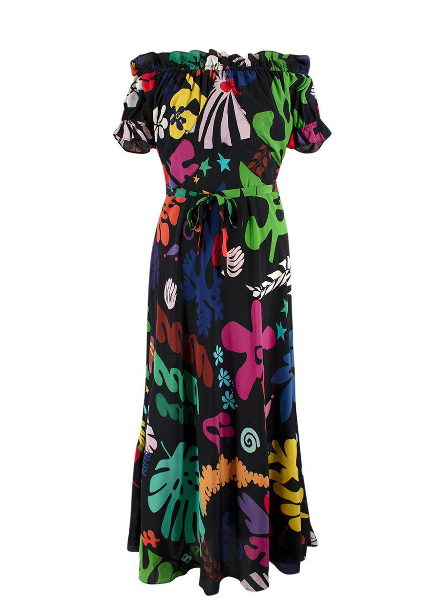 Rixo Black Multicolour Pattern Silk Bardot Maxi Dress