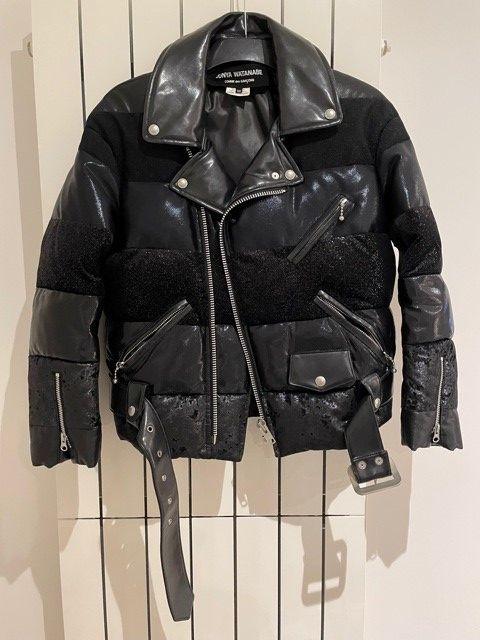 Black faux-leather & fabric patchwork padded biker jacket