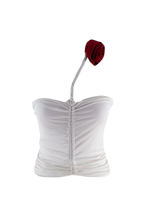 Magda Butrym White Draped Bandeau Top with Rose Applique