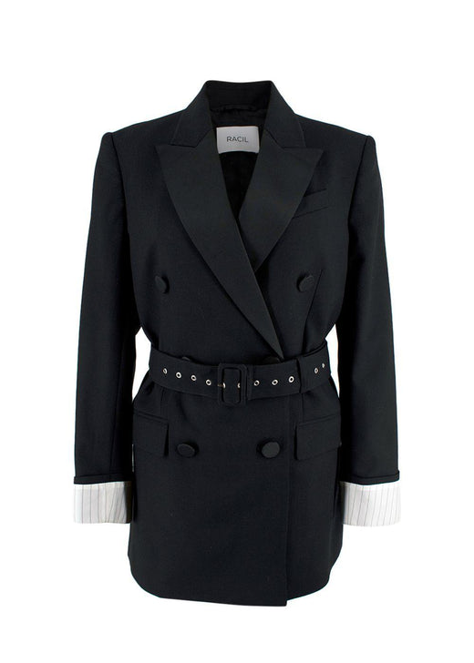 Racil Black Double Breasted Belted Tuxedo Blazer