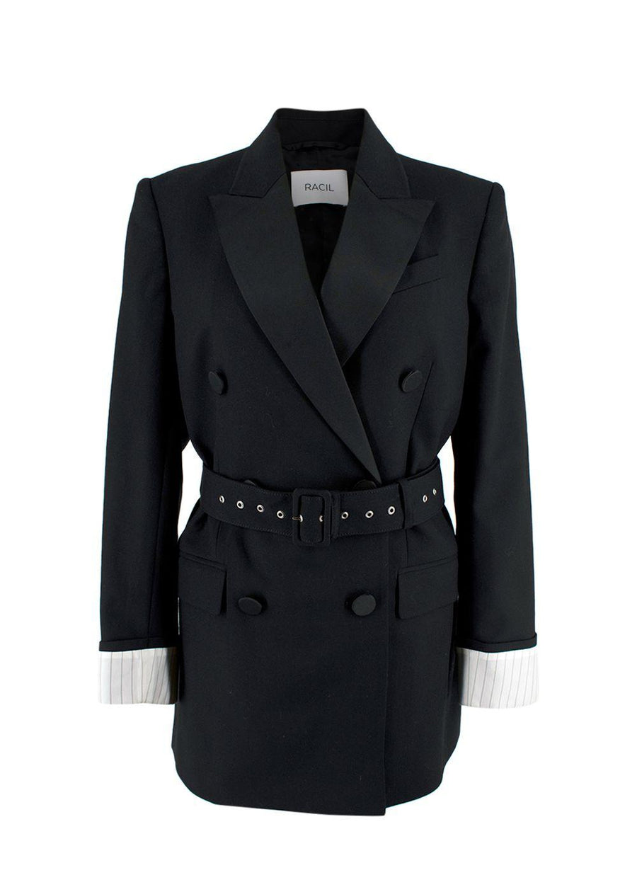 Racil Black Double Breasted Belted Tuxedo Blazer
