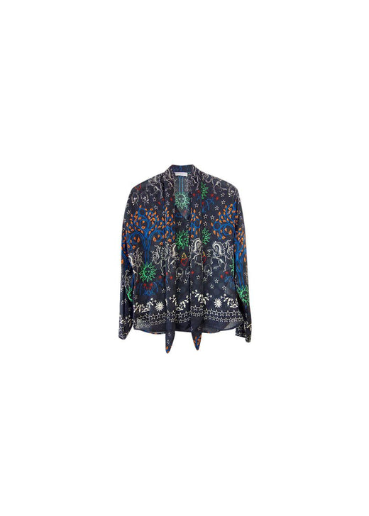 Black zodiac print crepe lavaliere blouse