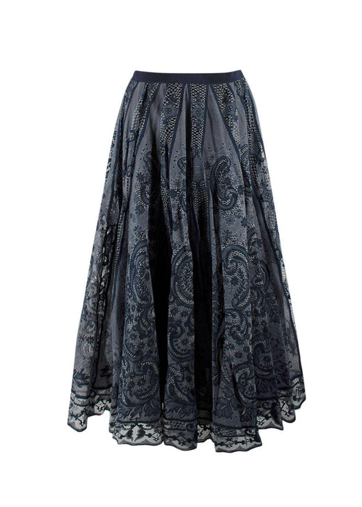 Dior Navy Cotton Blend Embroidered Midi Skirt