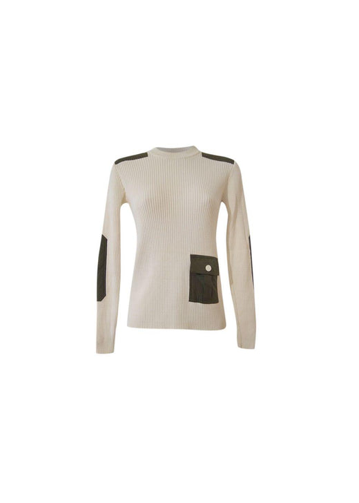 beige ribbed knit patch pocket jumper