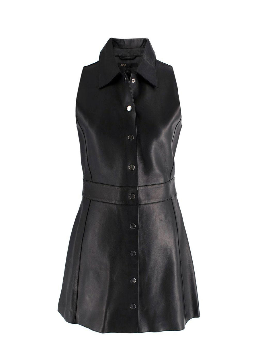 Maje Black Leather Sleeveless Belted Mini Dress