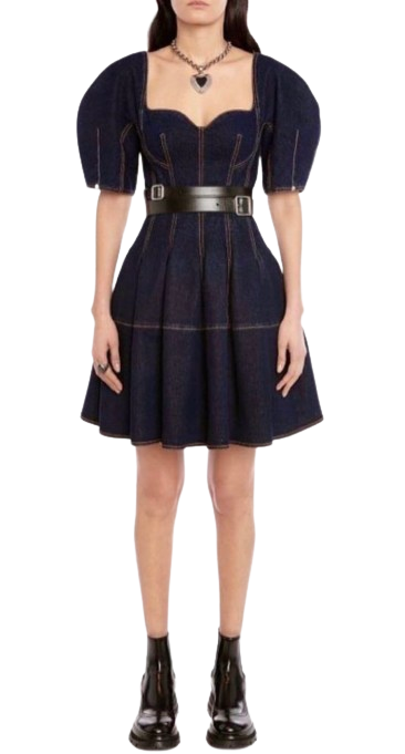 Alexander McQueen Denim Sweetheart Neckline Mini Dress