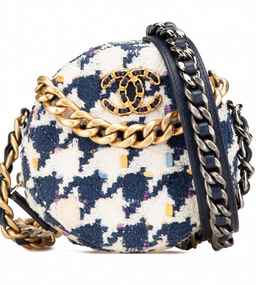 Chanel Navy and White 2020 Tweed 19 Round Clutch With Chain
