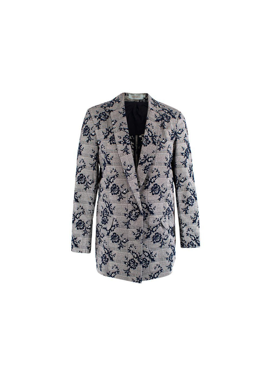 Blue Floral Embroidered Single Breasted Blazer