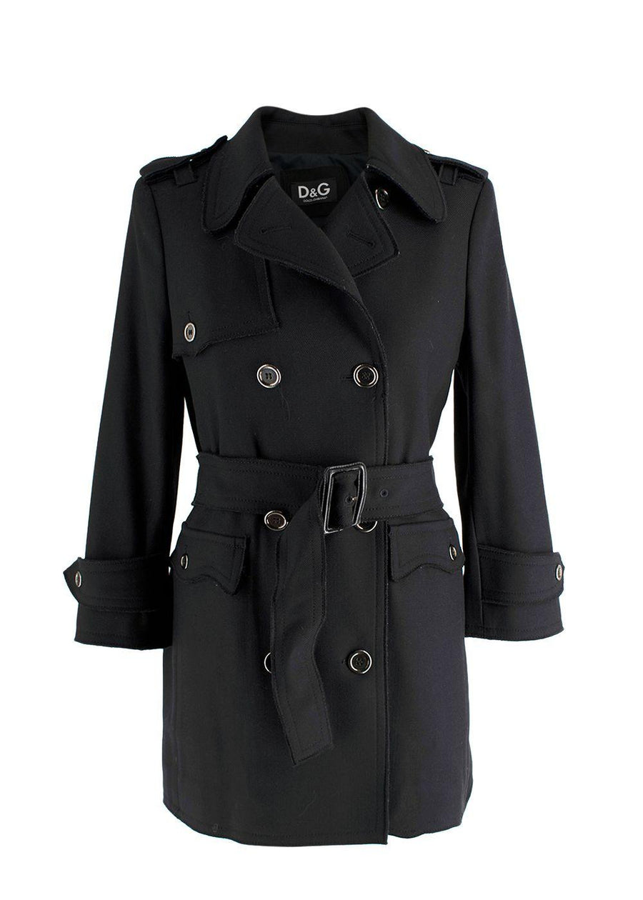 Dolce & Gabbana Black Belted Pure Wool Double Breasted Trench Coat