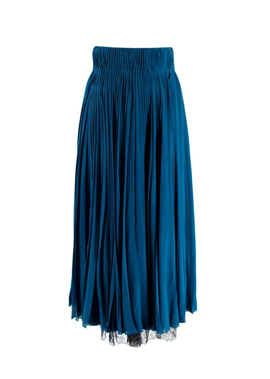 Christian Dior Teal Silk And Black Lace Pleated Midi Skirt