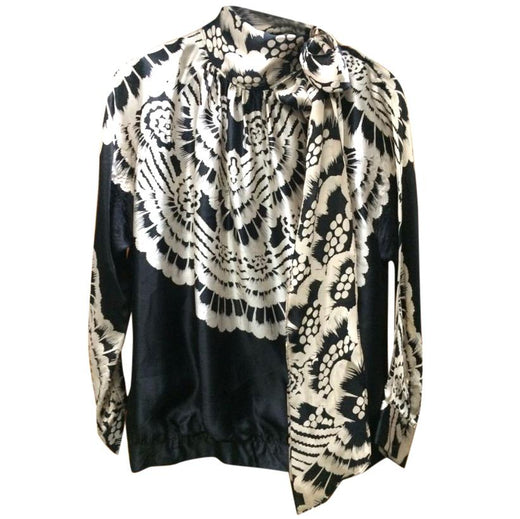 PAUL & JOE Black Cream Floral Print Silk Bow Tie Blouse
