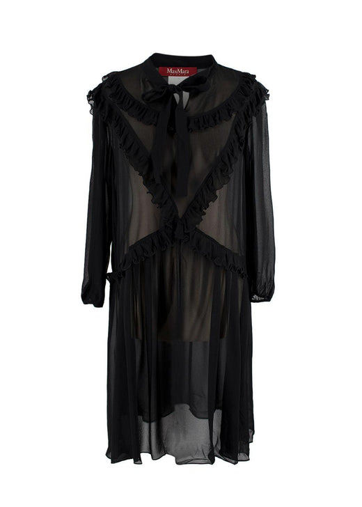 MaxMara Black Sheer Ruffled Silk Midi Dress