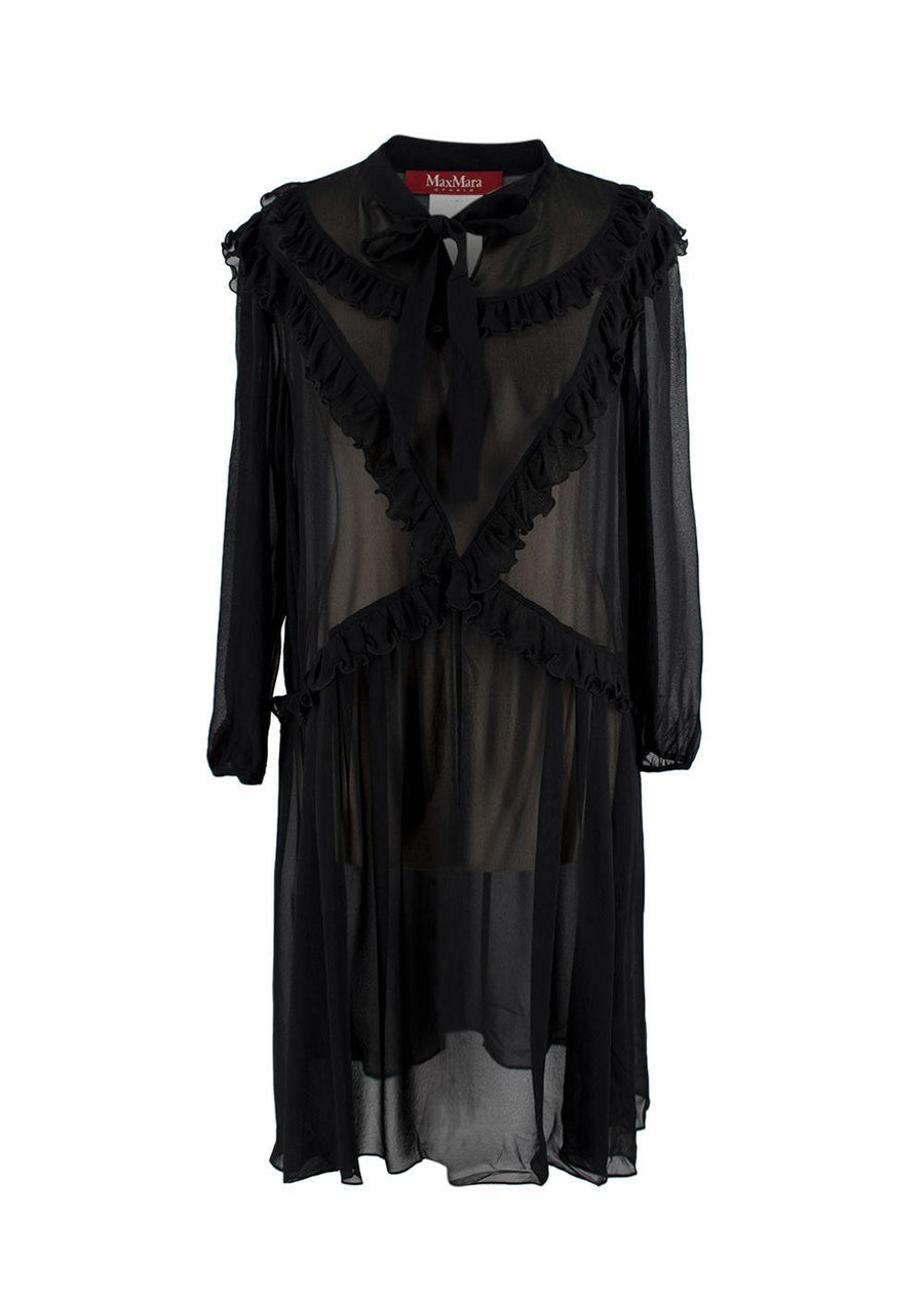 MaxMara Black Sheer Ruffled Silk Midi Dress