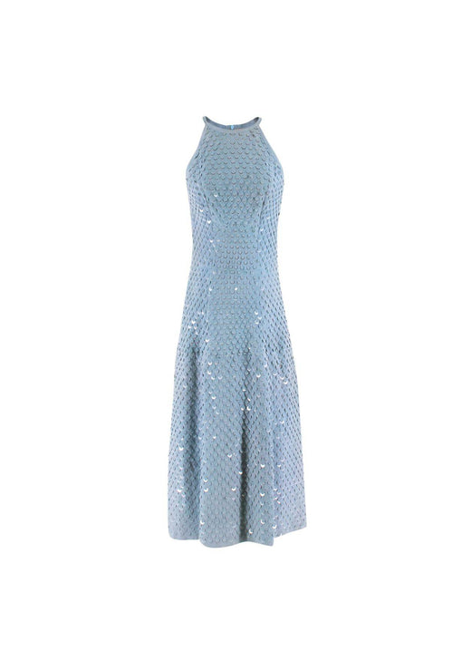 Blue Suede Sequin Embellished Sleeveless Dress