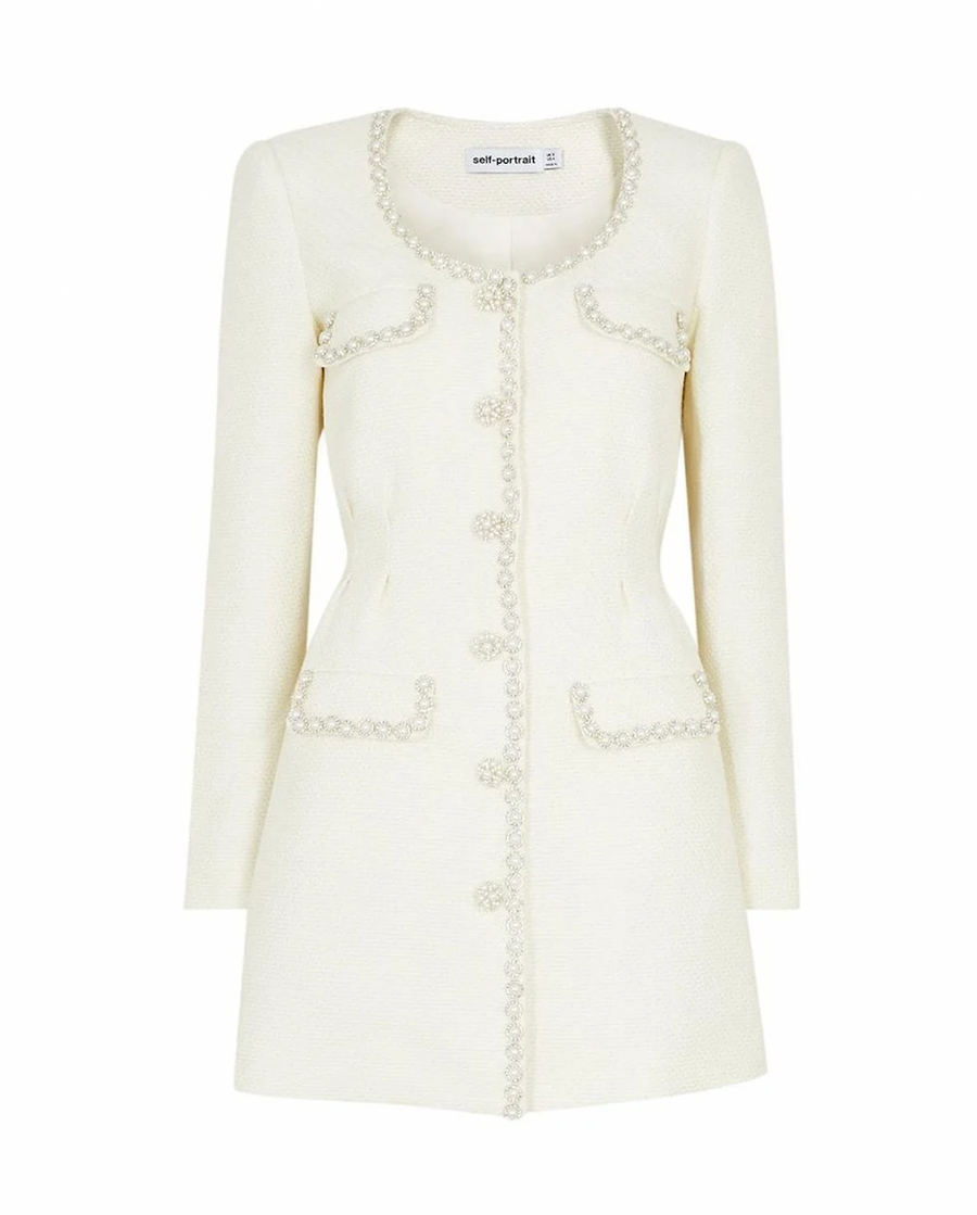 Self Portrait Cream Tweed Faux Pearl Embellished Mini Dress