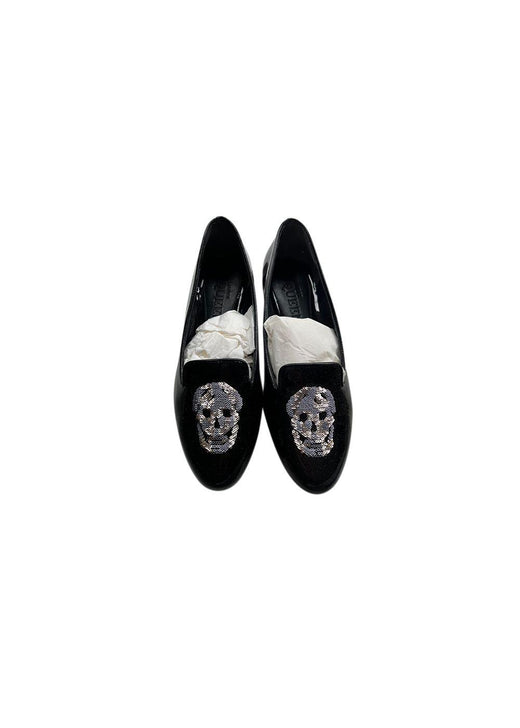 Black patent sequin skull loafers