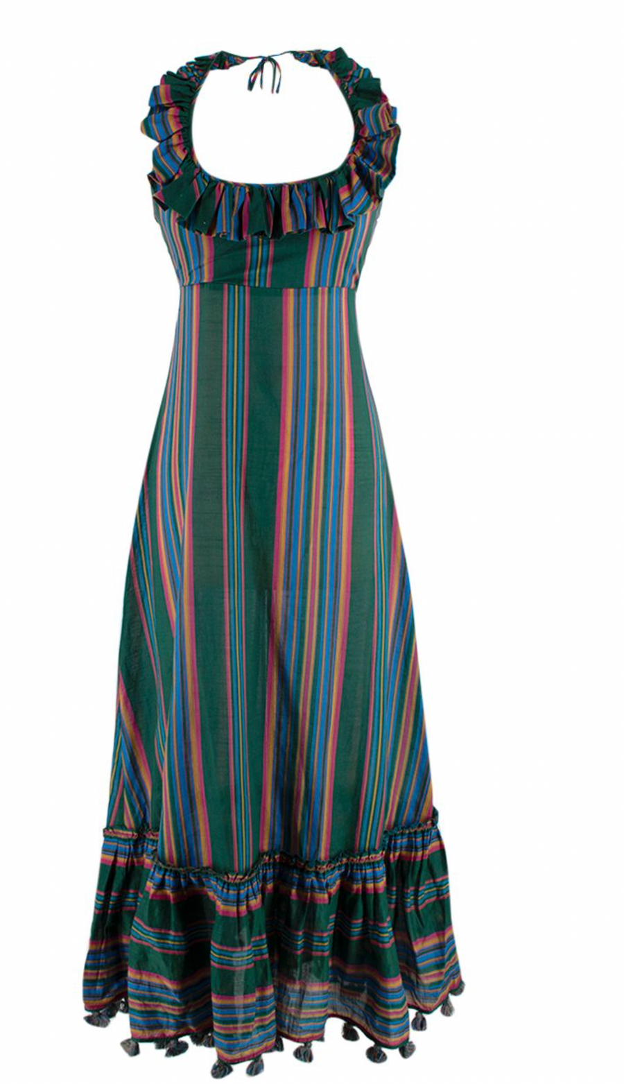 Zimmermann Dark Green Ruffled Striped Halterneck Maxi Dress