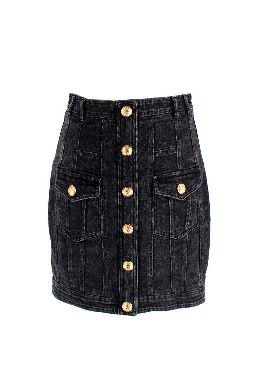 Balmain Black Denim Skirt with Gold Button Detail