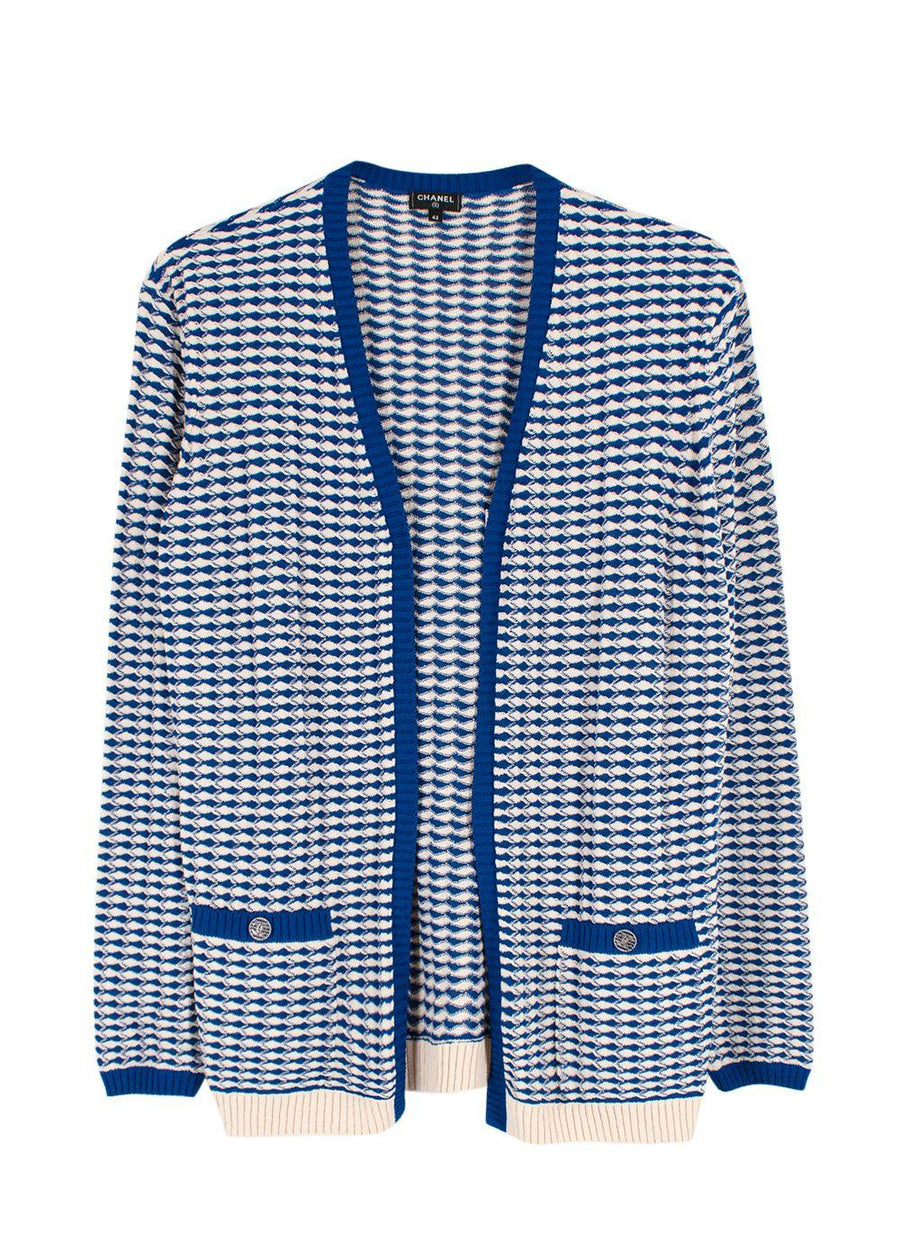 Chanel Blue and White Cotton Blend Tweed Open Cardigan