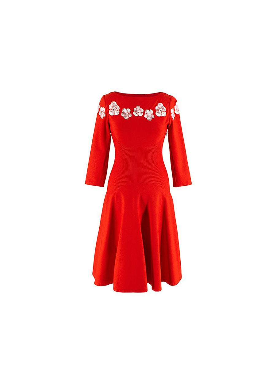 Floral Red Stretch Knit Skater Dress