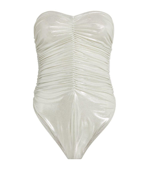 Norma Kamali White Ruched Metallic Marissa Swimsuit