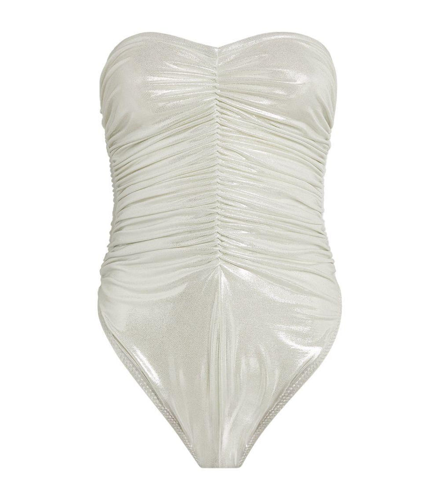Norma Kamali White Ruched Metallic Marissa Swimsuit
