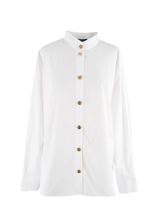 Balmain White Cotton Button-down Collarless Shirt