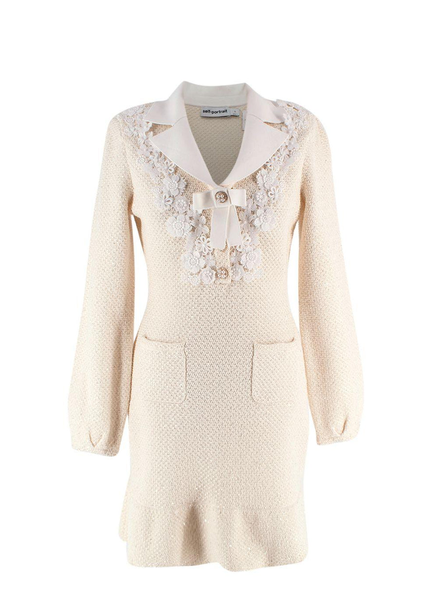 Self Portrait Cream Bow Embellished Knitted Mini Dress