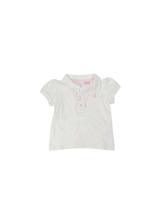 White cotton jersey ruffle trimmed polo shirt