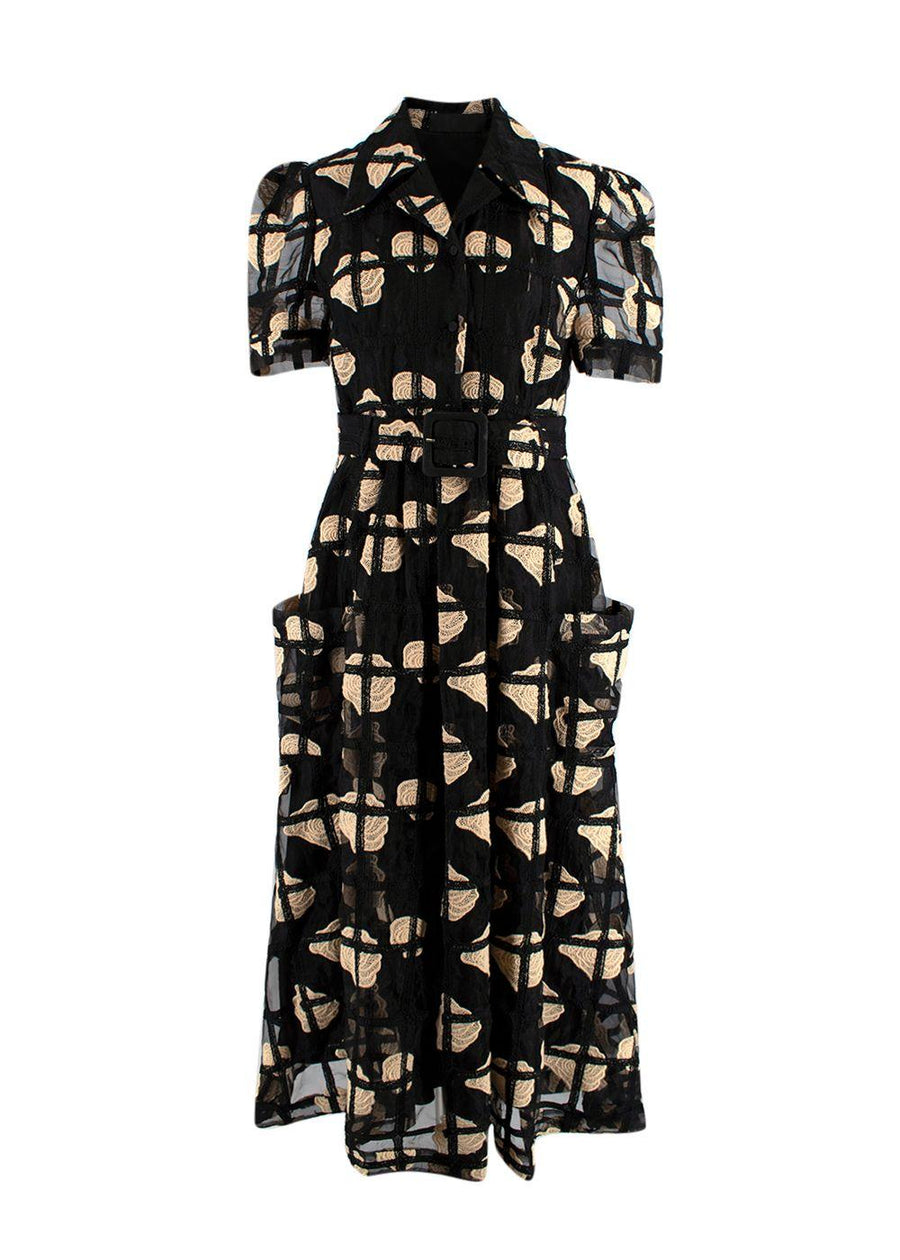 Black & Beige Mesh Macrame Belted Midi Dress