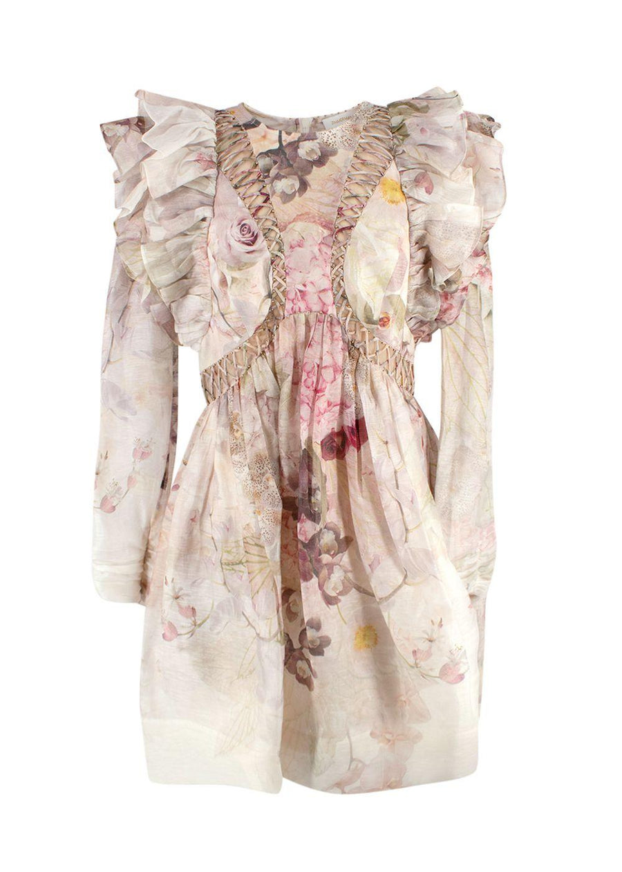 Zimmermann Dancer Ruffled Bead-Embellished Floral-Print Linen And Silk-Blend Organza Mini Dress