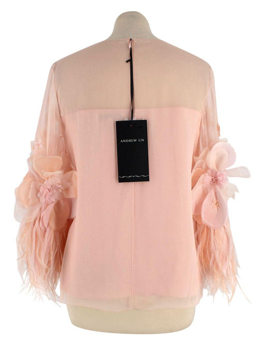 Andrew GN Blush Pink Floral and Feather Detail Top