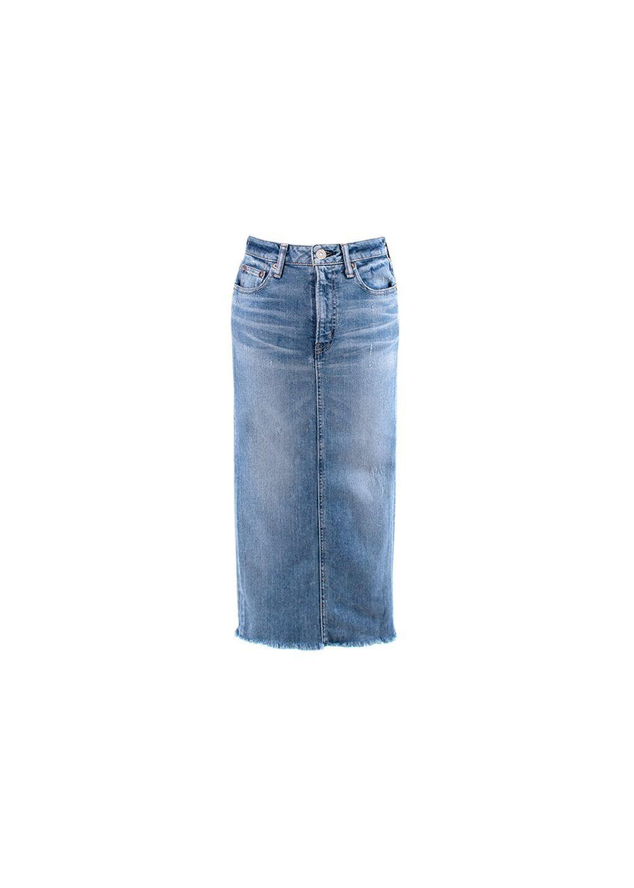 Light Wash Raw Hem Denim Midi Skirt