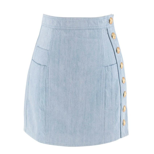 Balmain Blue Cotton Denim Buttoned Mini Skirt