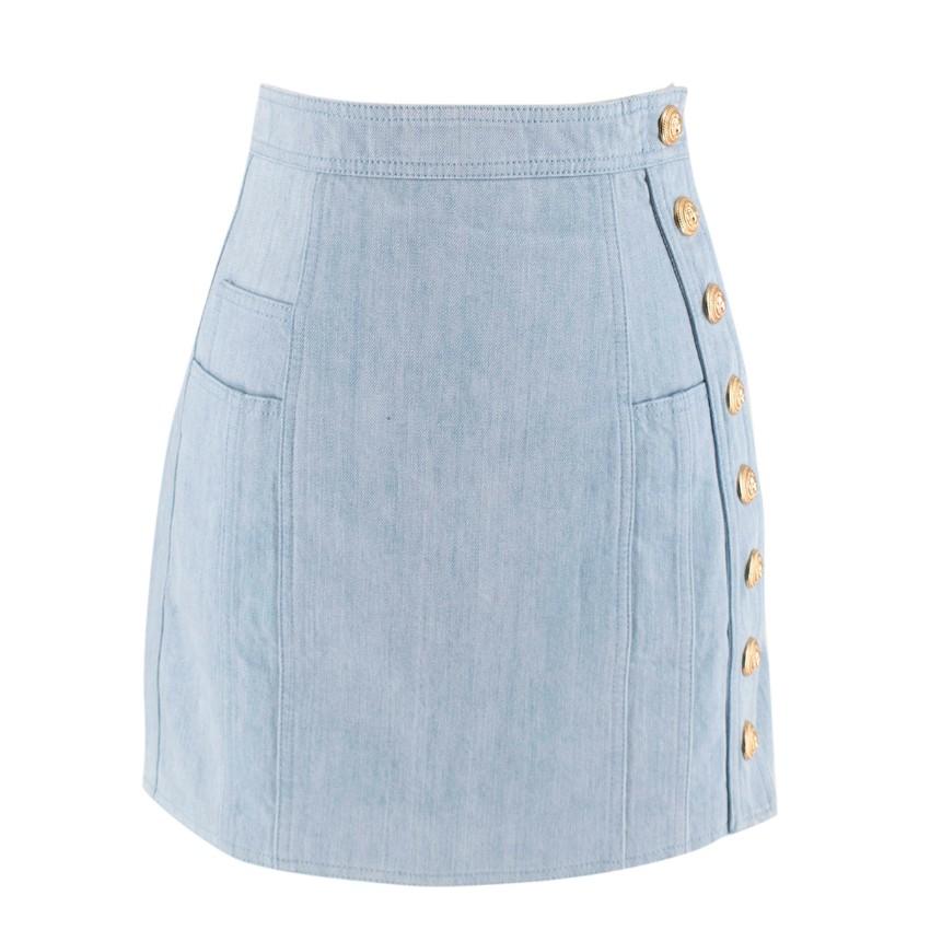 Balmain Blue Cotton Denim Buttoned Mini Skirt