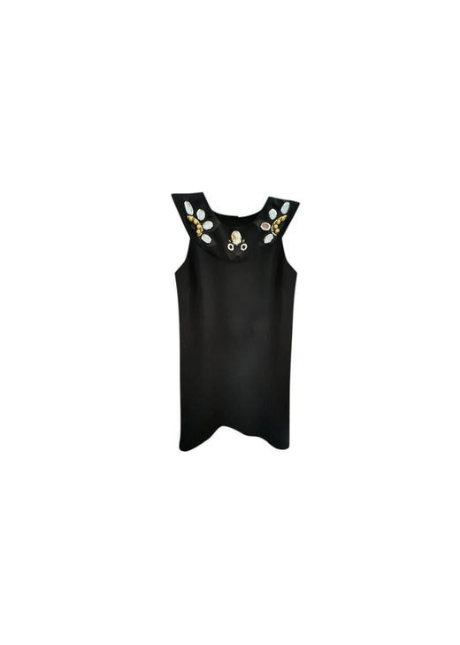 Black crepe embellished neckline shift dress
